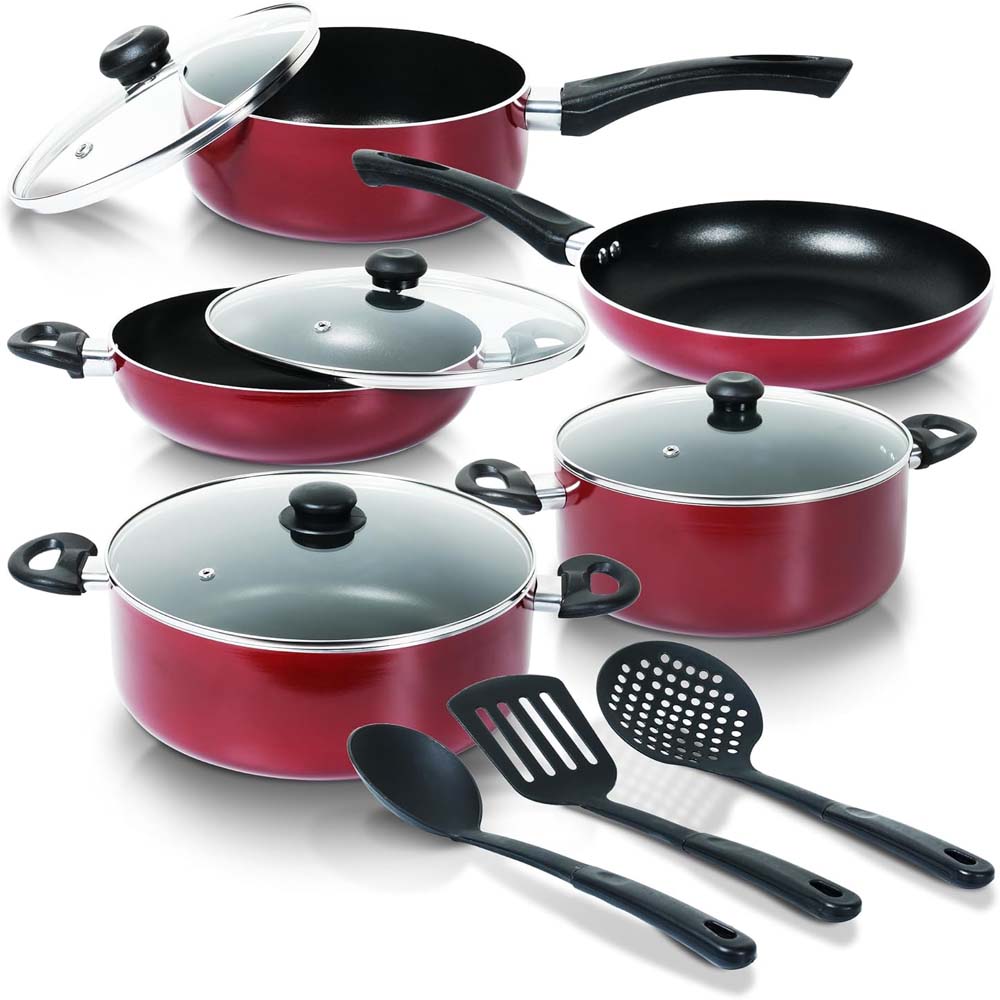 9-Piece Non-Stick Cookware Set - Cast Aluminum Casserole, Kadai, Frypan, Milkpan with Glass Lids & Nylon Spatulas, Heat-Resistant Image