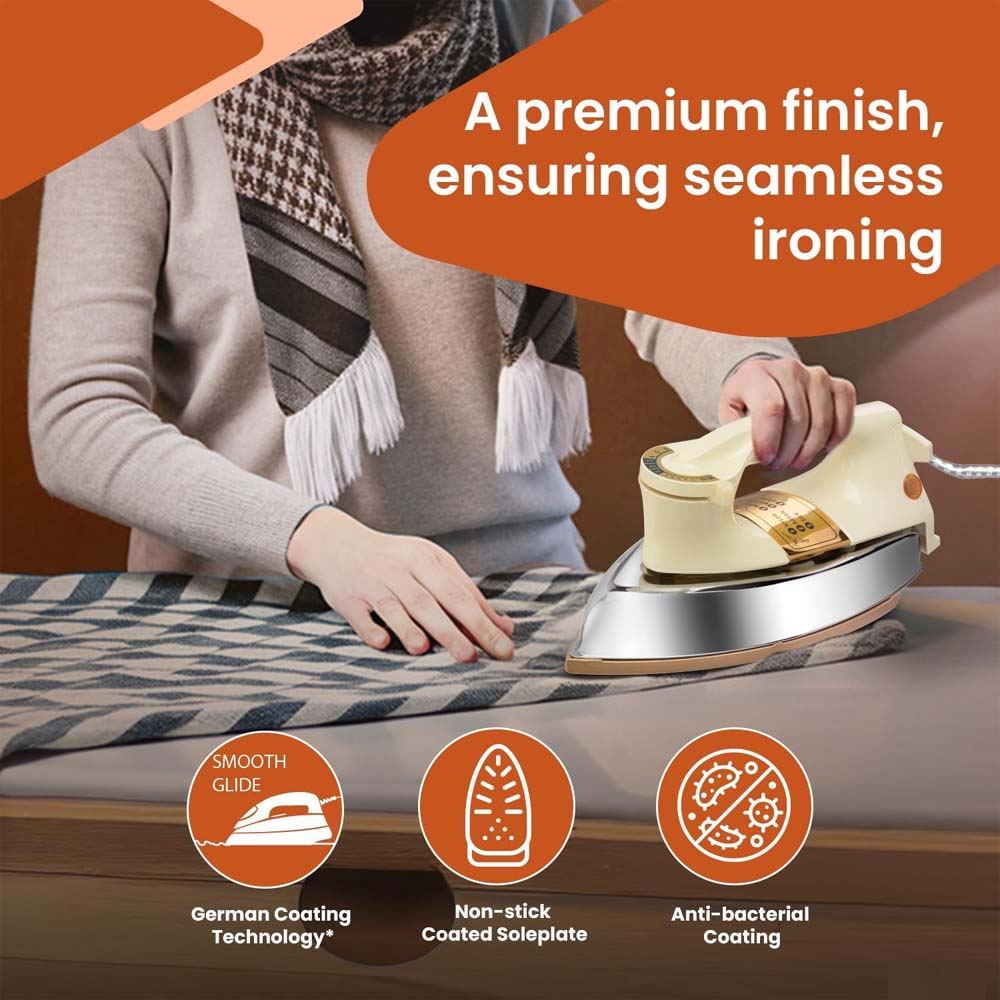 OE-21 Dry Iron with Teflon Coating. Suitable for all fabrics, ensuring smooth, scratch-free ironing. White and golden design. Image