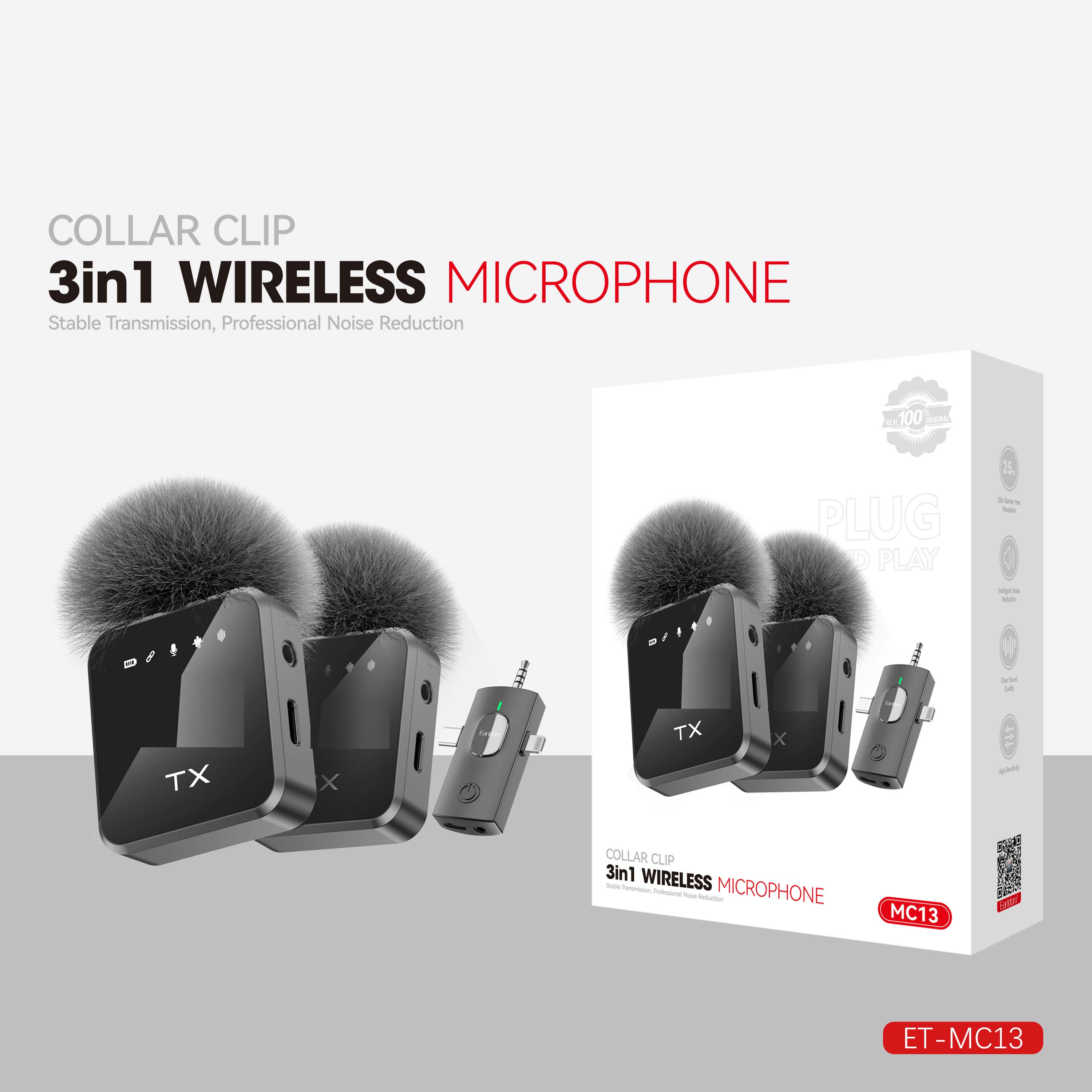 3-in-1 Lavalier Wireless Microphone - 2pcs Wireless Mic  Compatible for iPhone, iPad, Android | Perfect for Video Recording, Gaming, and Live Streaming | Crystal-Clear Audio for Vlogging, Podcasts, and Interviews | Plug-and-Play Design | Compatible with iOS and Android Devices Image