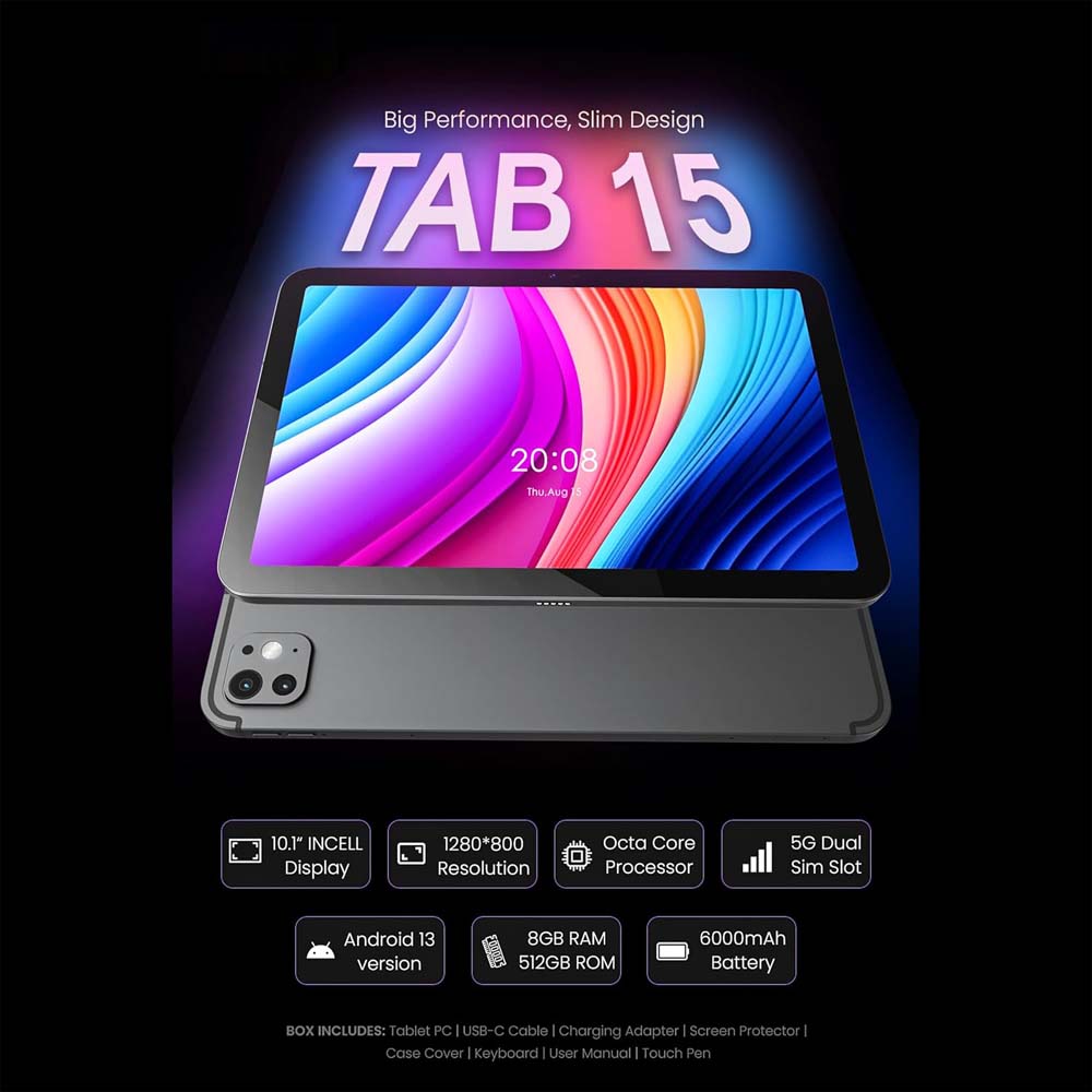 TAB 15 Tablet/10.1 Inch/4G SIM/iOS Style Operating System/5G Dual SIM/Octa Core Processor/Included Flip Cover&Keyboard/8GB RAM + 512 GB ROM/Android 13/6000 mAh/8MP Front+13 MP Rear (Multi-Colour) Image