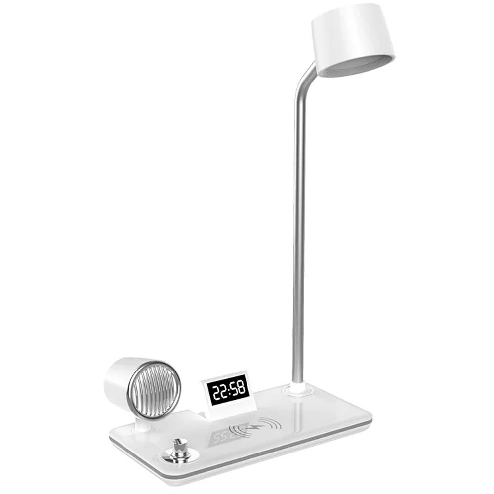 LED Desk Lamp with Wireless Charger, Bluetooth Speaker, Clock & Night Light - Modern Multifunctional Touch Control Design Image