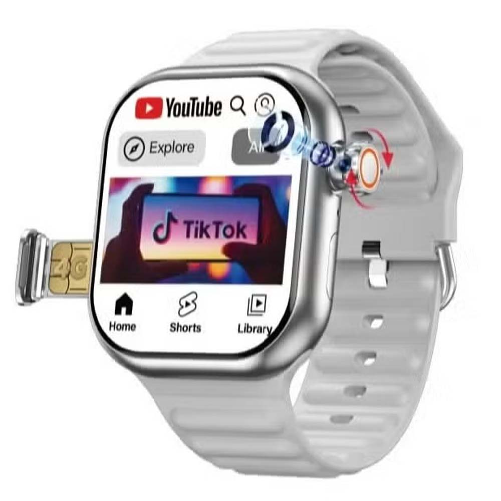 TC42 AMOLED 4G Smartwatch. 2.2" display, 8MP camera, SIM card slot. Unisex design with 3 straps in silver. Image