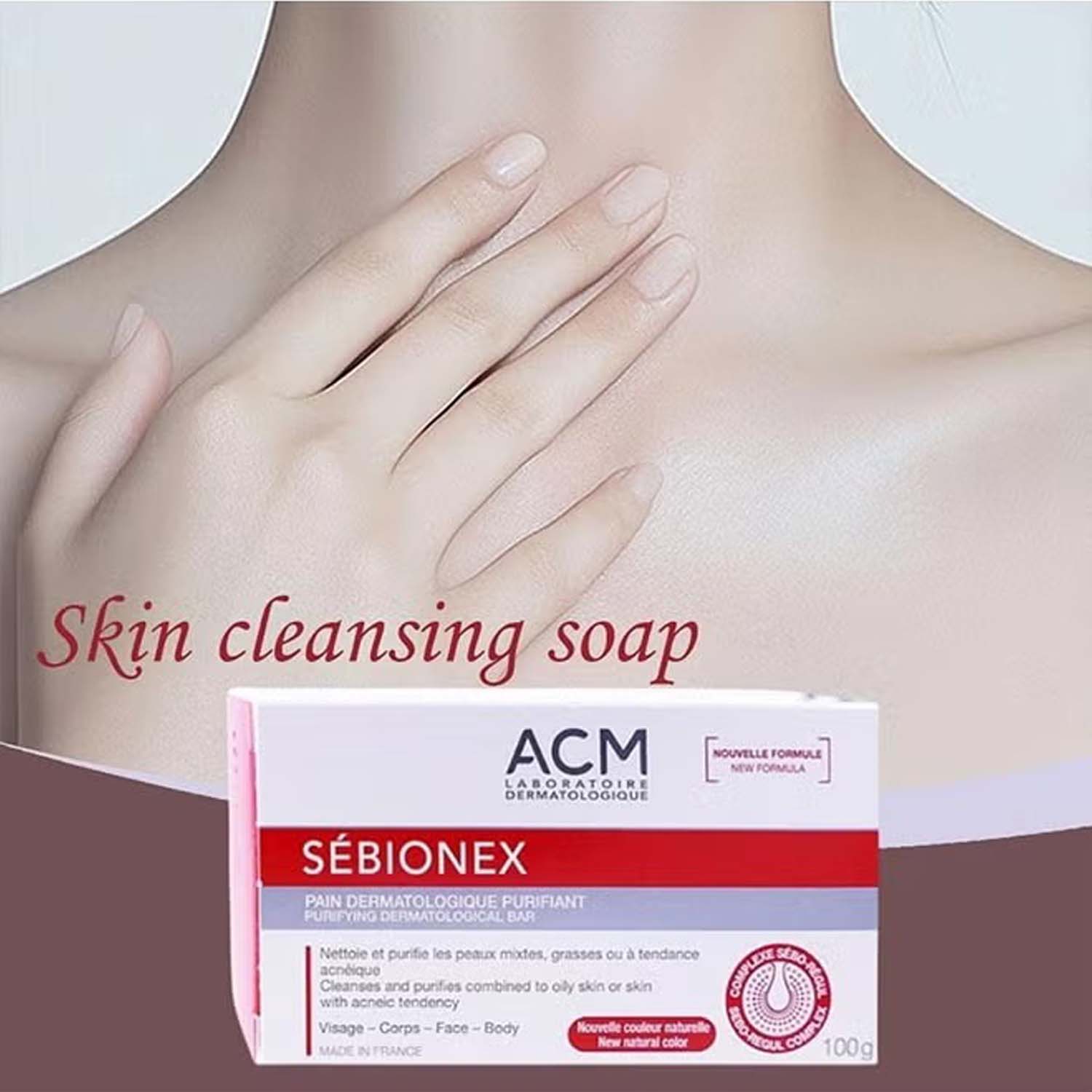 ACM Sebionex Purifying Soap. Deep cleansing bar for oily, acne-prone skin. Helps regulate sebum & prevent impurities. 100g. Image