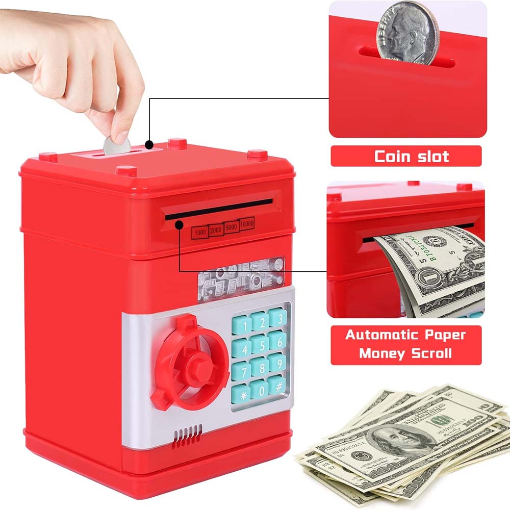 Electronic Money Bank for Kids - Password Lock, Auto Cash Scroll, ATM-Style Piggy Bank (Red) Image