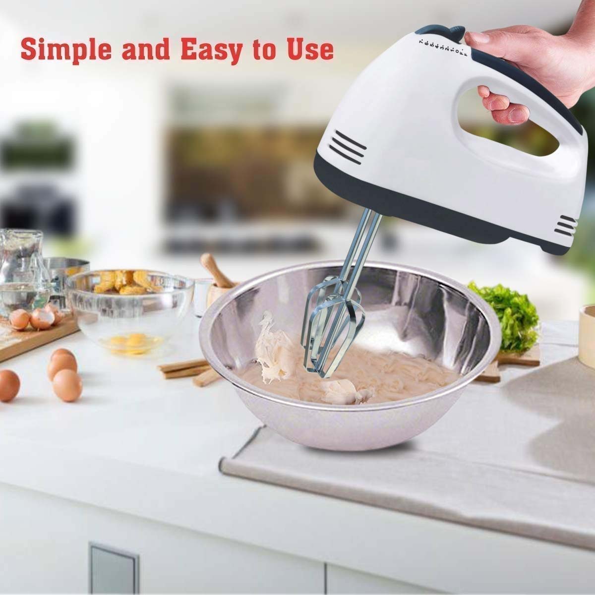 Compact Hand Electric Mixer / Blender for Whipping & Mixing with Attachments | 7-Speed Kitchen Hand Mixer with Stainless Steel Beaters & Dough Hooks | Lightweight, Easy-to-Use Mixer for Baking, Whisking, Beating, & Kneading | Ergonomic Design with Eject Knob & Slim Grip for Convenient Use Image