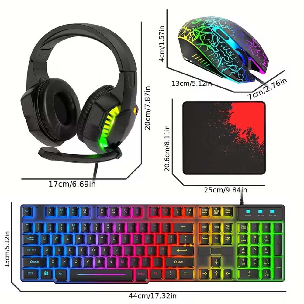 4-in-1 Gaming Combo: Wired Keyboard, Mouse, Headset & Mouse Pad. Rainbow LED backlit for PC, PS4, Xbox. Complete gaming setup. Image