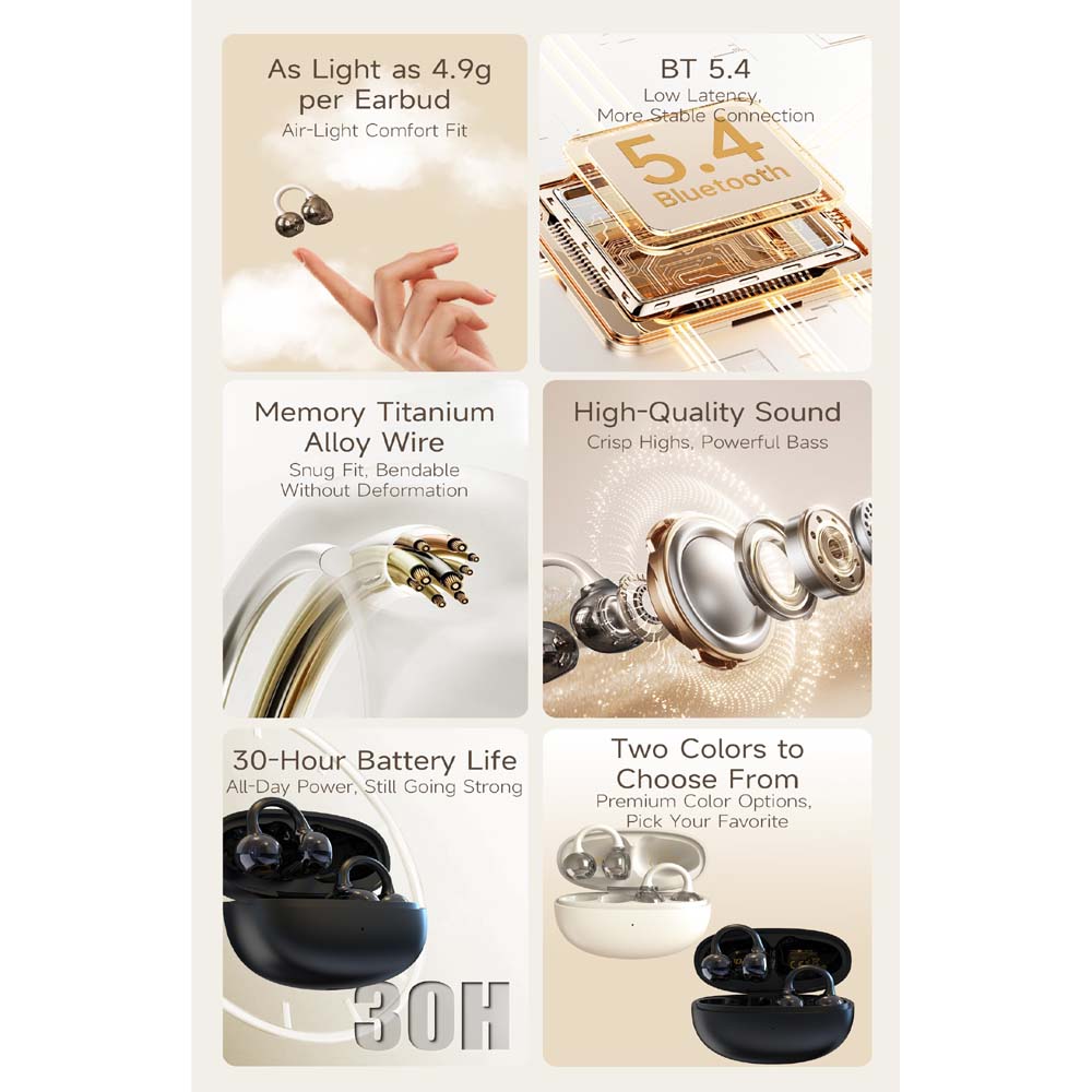 U-20 Open Ear Ring Headphones - Bluetooth 5.4 Clip-On OWS Earphones, 30H Battery, Noise-Cancelling, 4.9g Lightweight (Black) Image