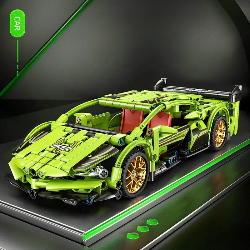 Come Alive Tech Sport Racing Car Building Set. 439-piece green DIY bricks with pull-back function for kids. STEM construction toy. Image