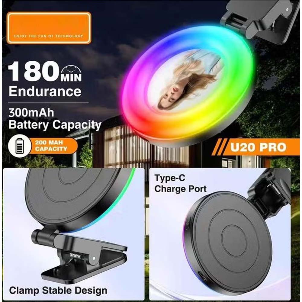 U20 PRO Ring Selfie Light - RGB Clip LED Fill Light with Tripod, Portable Mini Video Lighting for Phone & Camera (Black) Image