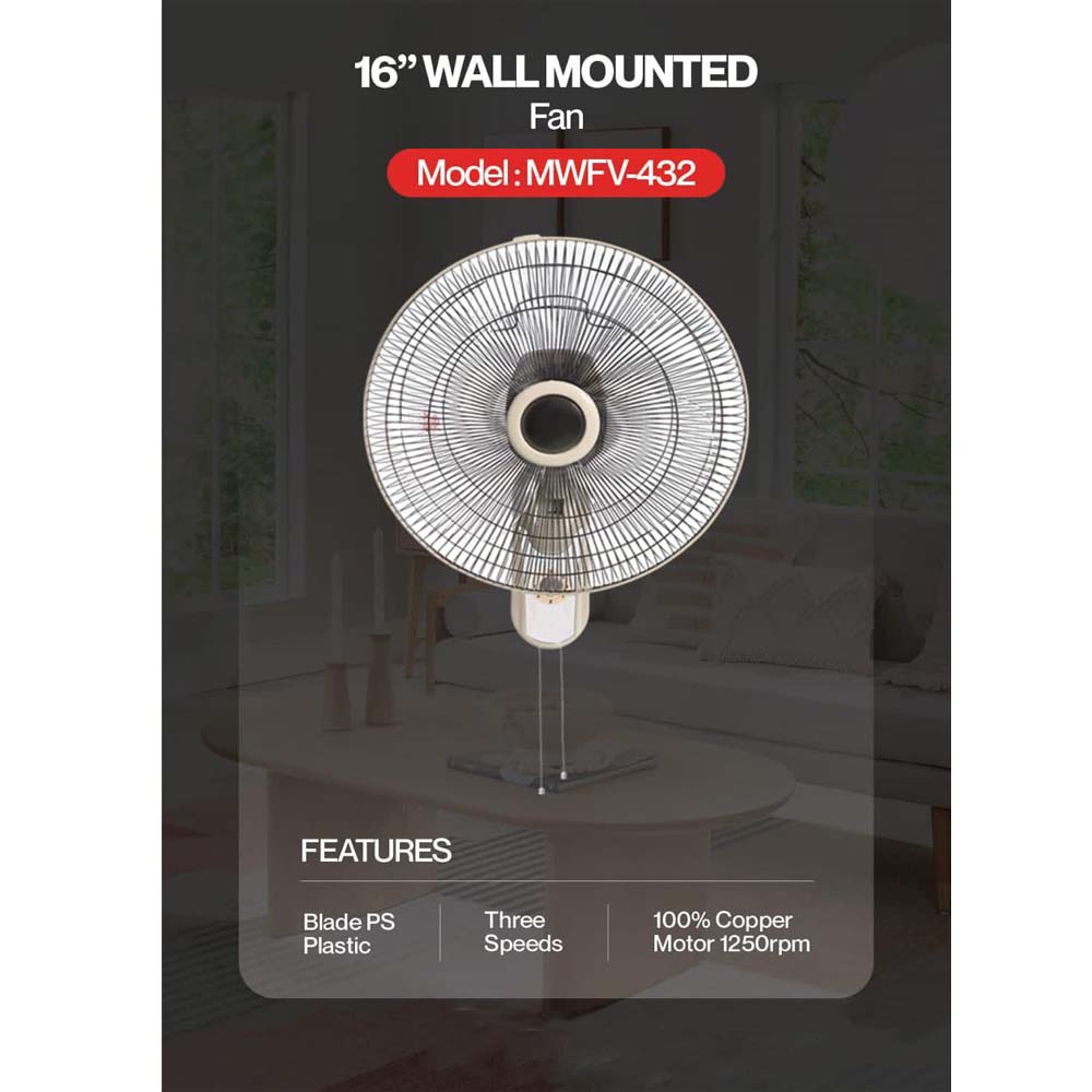 MWFV-432 16" Wall Mount Fan - 3-Speed, Adjustable Tilt, Quiet Operation for Home & Commercial Spaces Without remote Image