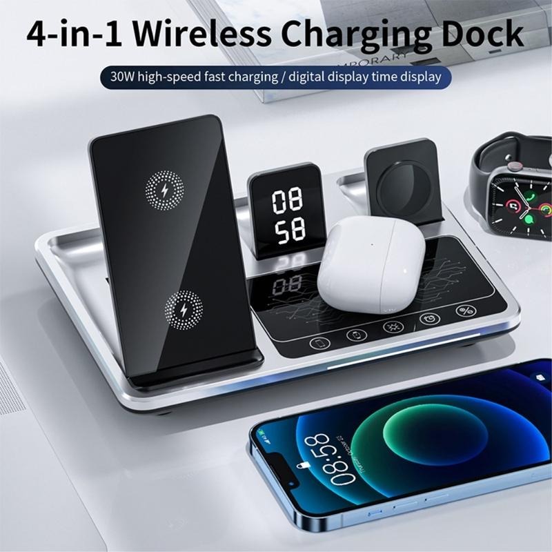 R11 Multifunctional 4-in-1 Wireless Charger – Folding Portable Charging Station with Digital Display and Time Function Image