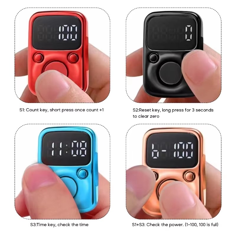 Digital LED Finger Tally Counter - Rechargeable Luminous Electronic Clicker for Prayer, Stitch Marker, and Counting Tasks | Compact Handheld Counter with Adjustable Strap & Bright LED Display | Durable and Lightweight Design in Vibrant Red Finish Image