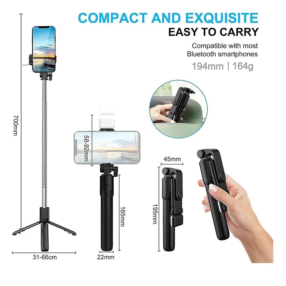 R1S Mobile Selfie Stick with Tripod and LED Light, 3-in-1 Extendable 70cm Selfie Stick for Phone & Camera, Bluetooth Remote, Adjustable Desktop Stand for iPhone, Android & Compact Cameras, Perfect for Photography, Vlogging & Live Streaming. Image