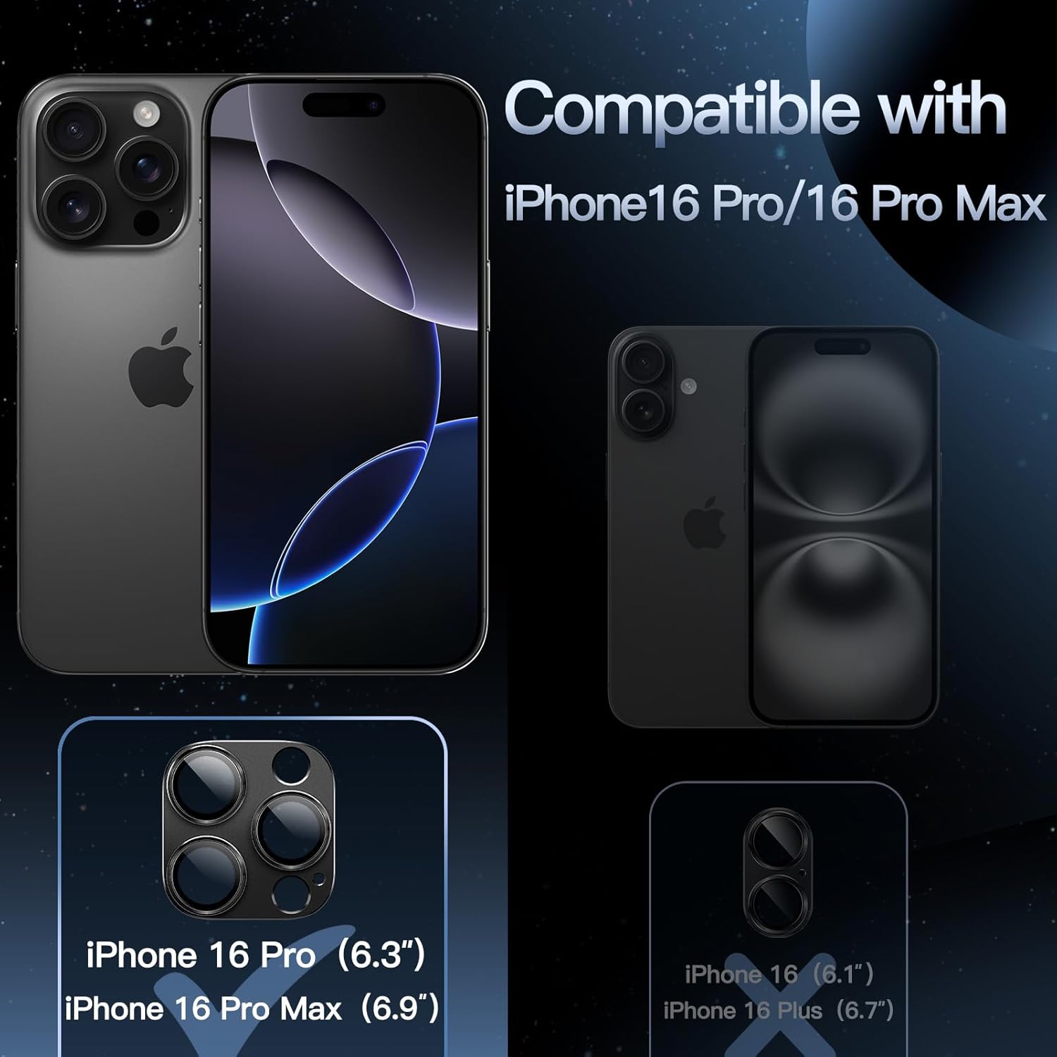 Camera Lens Protector for iPhone 16 Pro (6.3") and iPhone 16 Pro Max (6.9") – 9H Tempered Glass with Matte Metal Plate, Case-Friendly Full Coverage Lens Cover Image