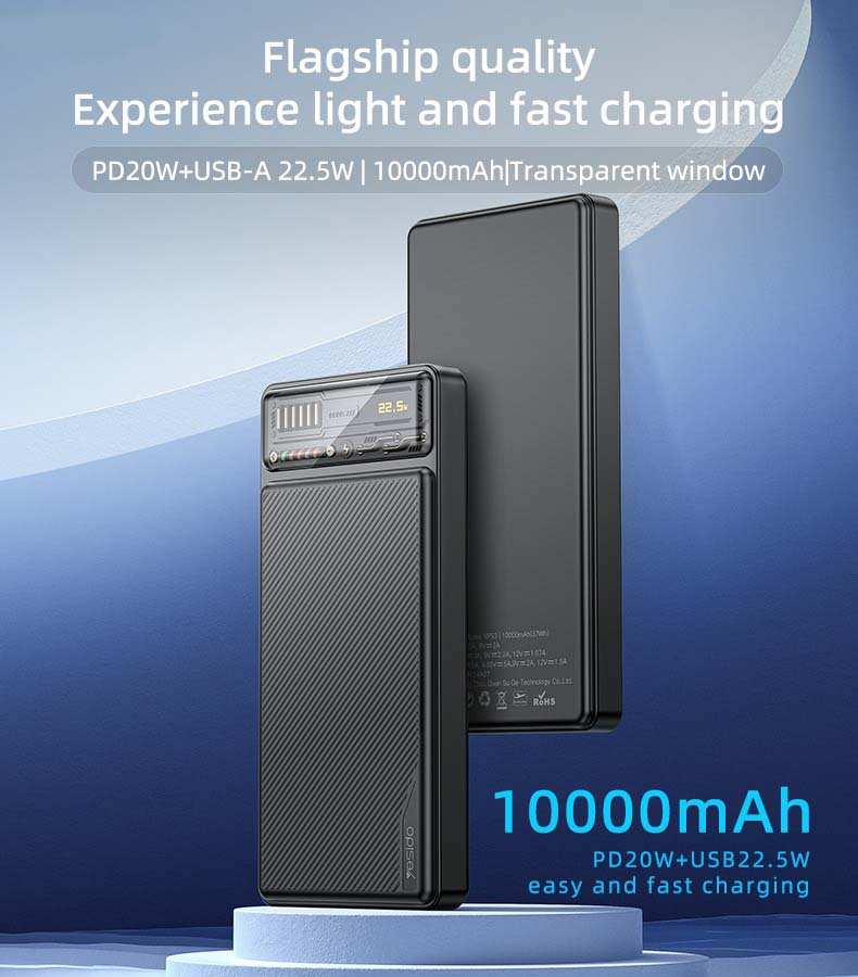 YP57 Fast Charging Power Bank – 10000mAh with 15W + USB 22.5W, Transparent Window Battery Display Image