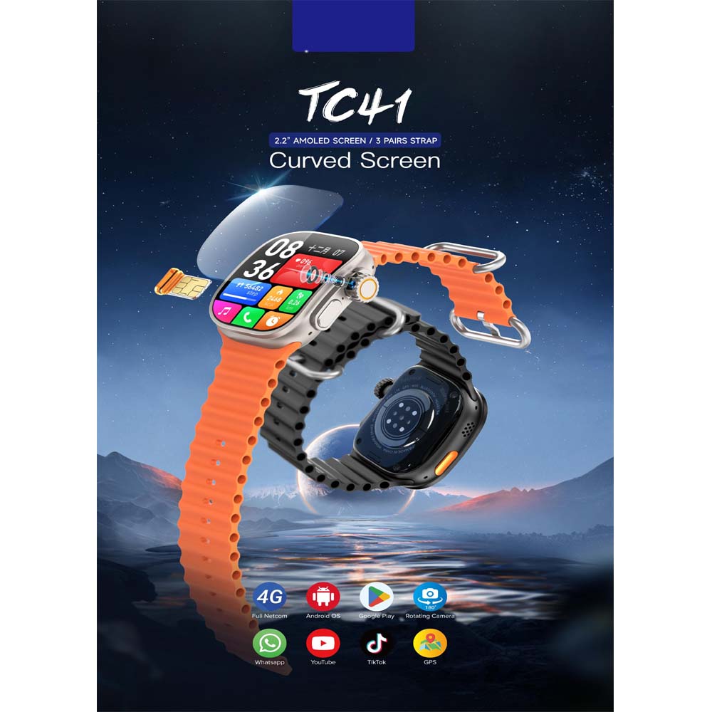TC41 Curve Smartwatch - 2.01" AMOLED, AI Assistant, Bluetooth Calls, Wireless Charging, IP68, Fitness Tracker (Black) Image