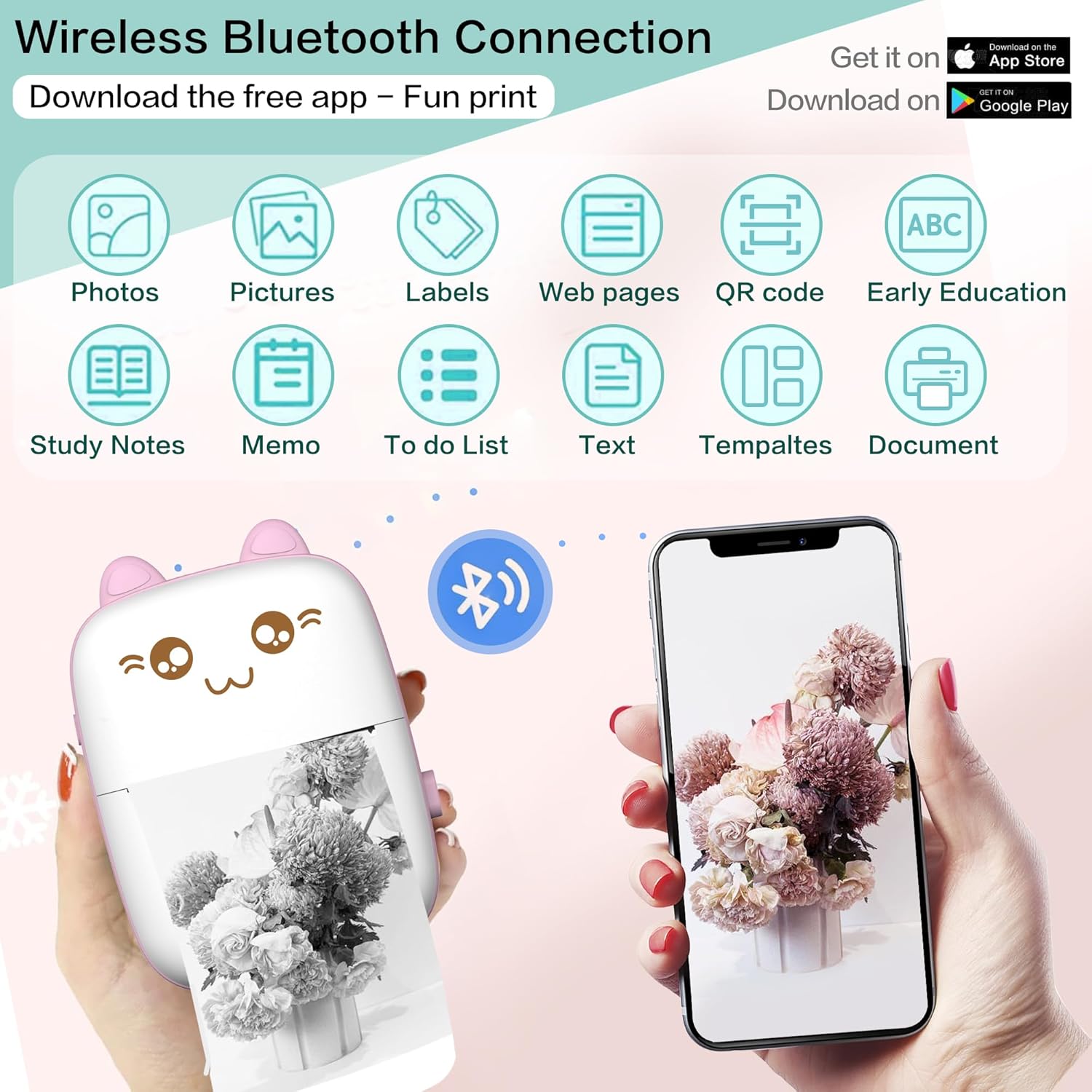 Portable Mini Sticker Printer. Inkless Bluetooth thermal printer for photos, memos & diary. iOS/Android compatible. Print on-the-go. Image