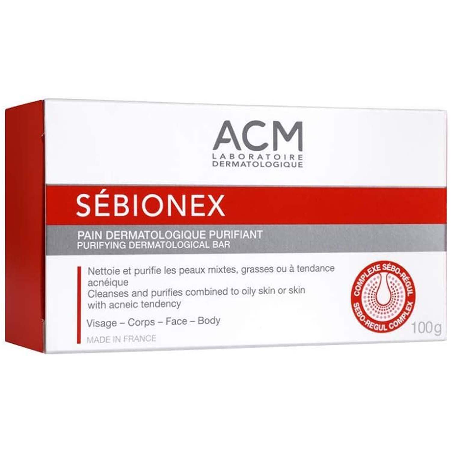 ACM Sebionex Purifying Soap. Deep cleansing bar for oily, acne-prone skin. Helps regulate sebum & prevent impurities. 100g. Image