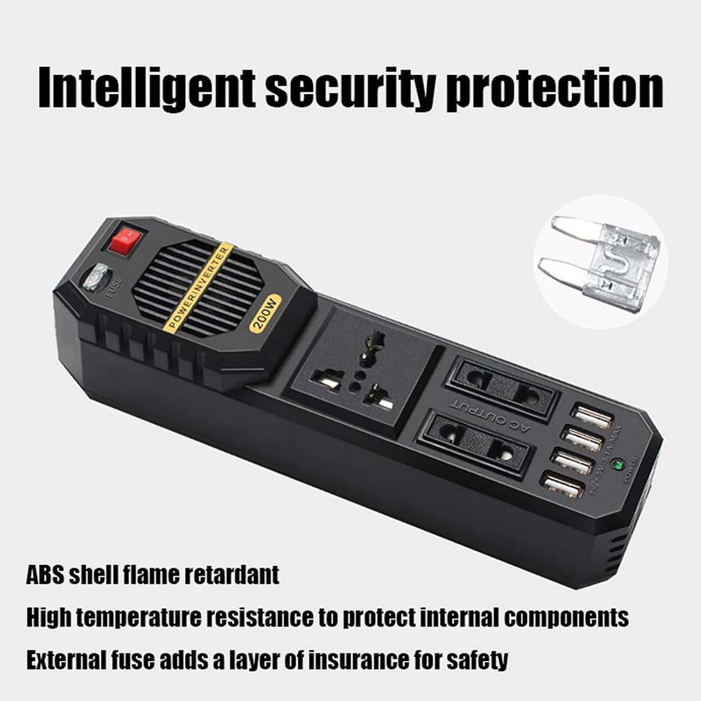 200W Car Power Inverter - DC 12V to AC 220V Converter with 2 AC Outlets, 4 USB Ports & Cigarette Lighter Socket Image