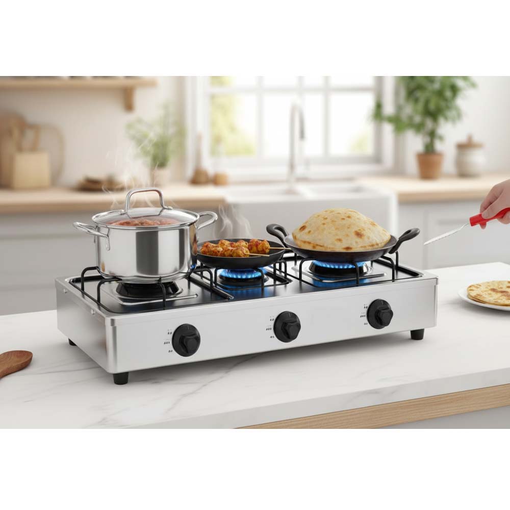OE-444 3-Burner Gas Stove. Stainless steel enamel body with auto ignition for efficient, powerful triple-burner cooking. Image