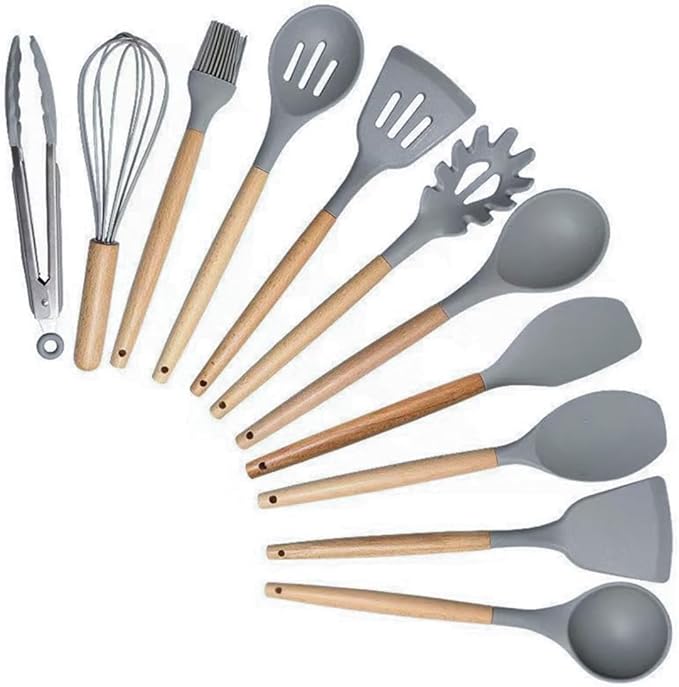 19-Piece Silicone Cooking Utensils & Knife Set with Block | Includes 11 Silicone Utensils, 5 Stainless Steel Knives, Scissors, Cutting Board | Grey Image