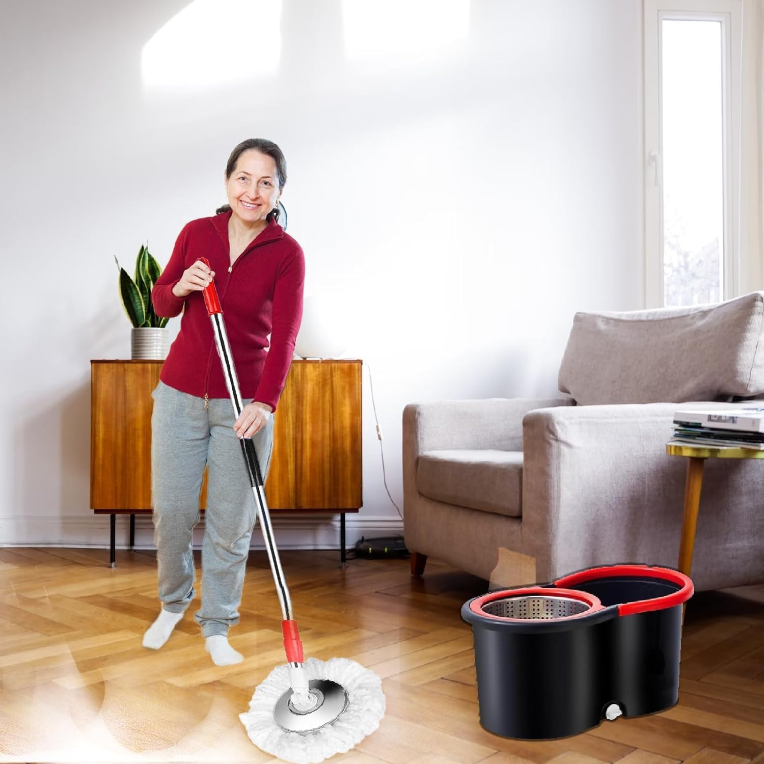 Easy Spin Mop and Bucket Set with 360° Rotation | Stainless Steel Handle & Wring Dryer Basket | Includes 2 Microfiber Mop Heads for Floor Cleaning | Ideal for Hardwood, Ceramic Tile, Marble, Laminate, and Glass Image
