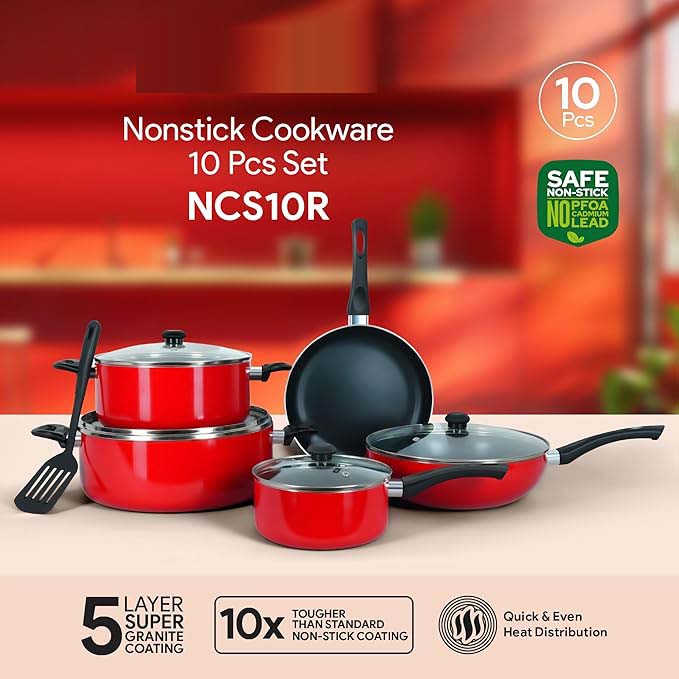 10-Piece Nonstick Cookware Set - 10X Tougher Coating, Heat-Resistant Handles, Glass Lids, Frypan, Wokpan, Nylon Turner Image