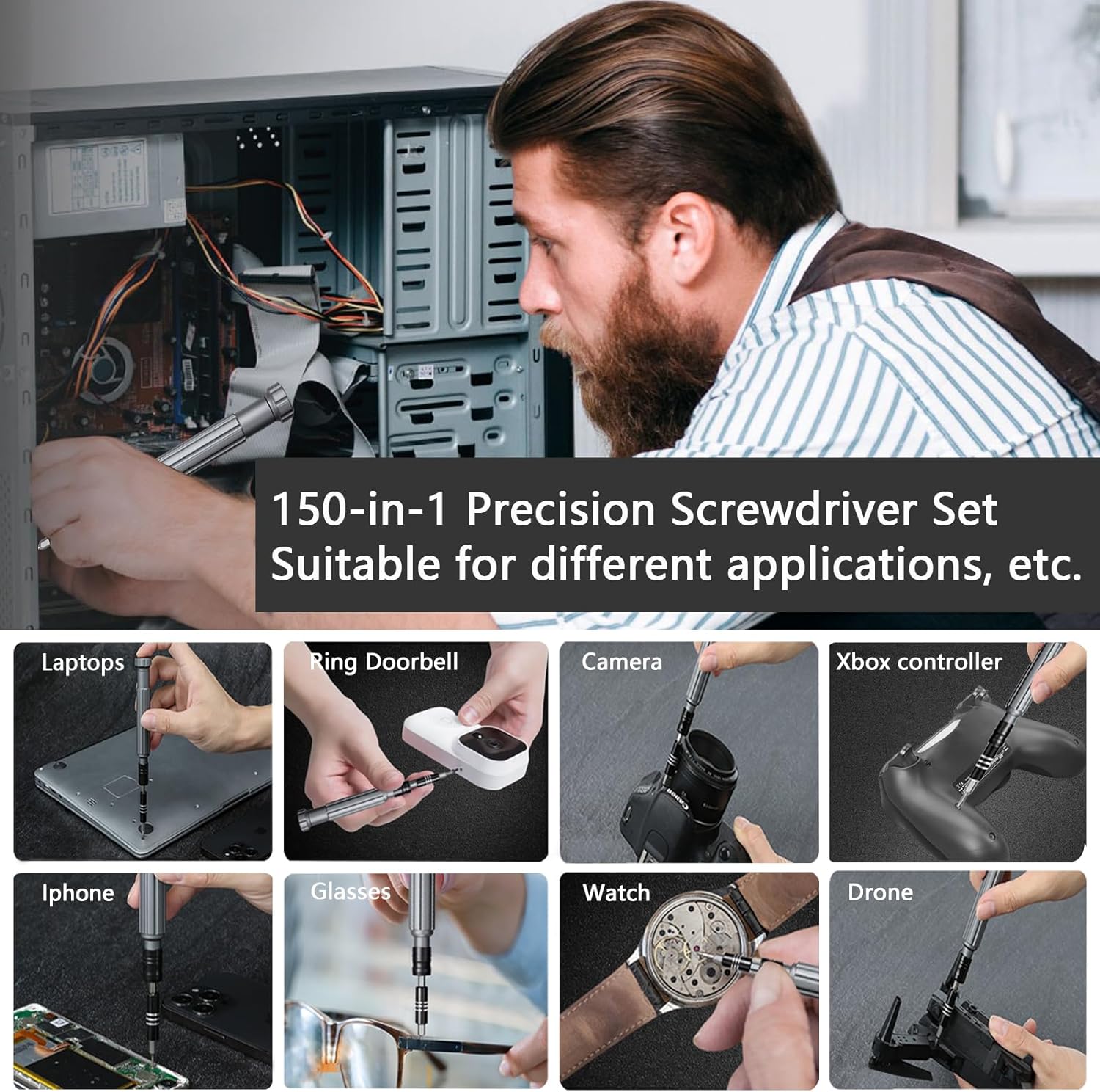 150-in-1 Precision Screwdriver Set - Small Electronics Repair Tool Kit with Case, Compatible with PC, Laptop, iPhone, MacBook, Glasses, Doorbell, Watches, PS5, Xbox Controller, RC | Magnetic Mini Screwdriver Set for DIY & Professional Use | Portable, Compact, Durable | Multi-Tool for Electronics, Home, and Office Image