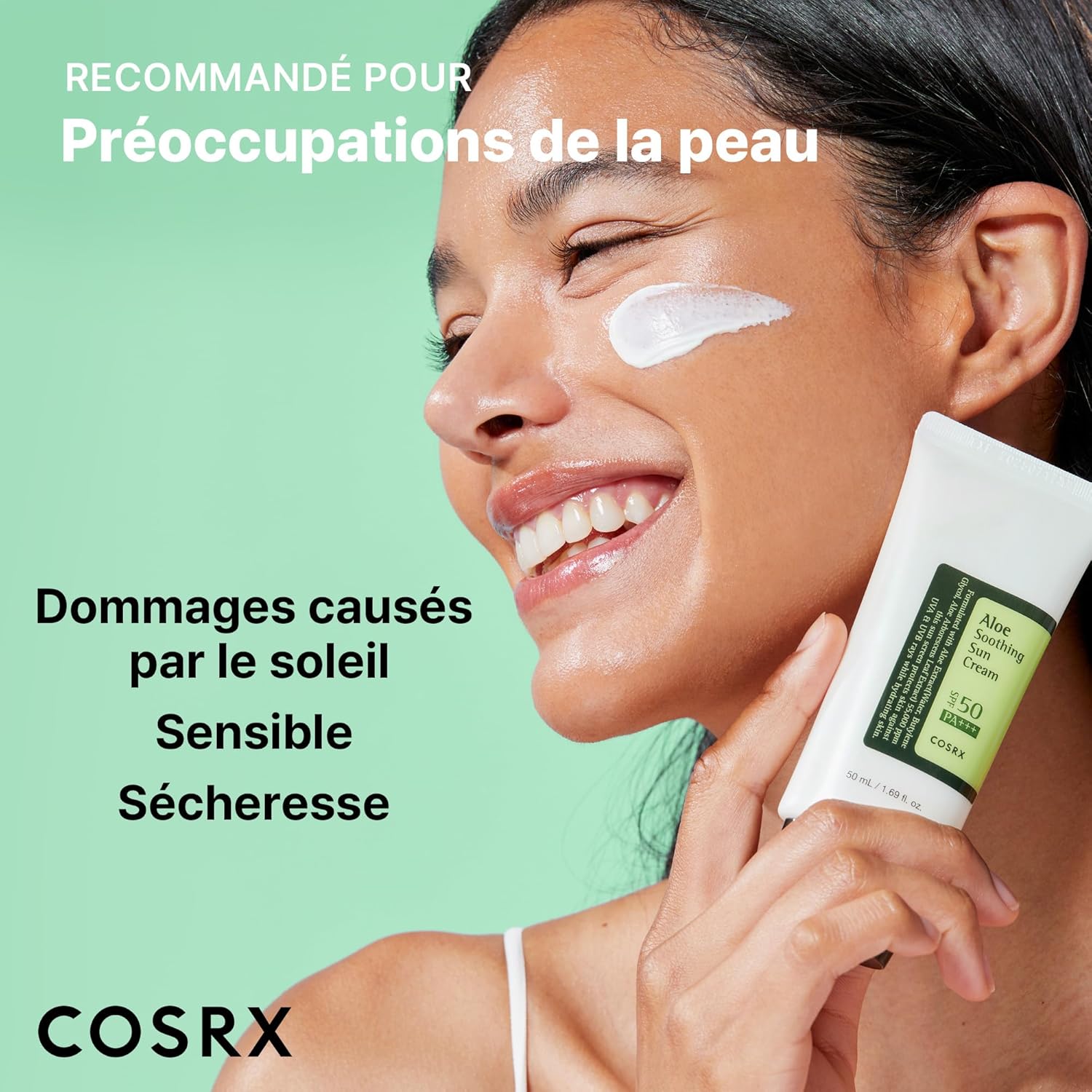 COSRX Aloe Soothing Sun Cream SPF50. Hydrating daily sunscreen for dry, sensitive skin. No white cast. UVA/UVB protection. Image