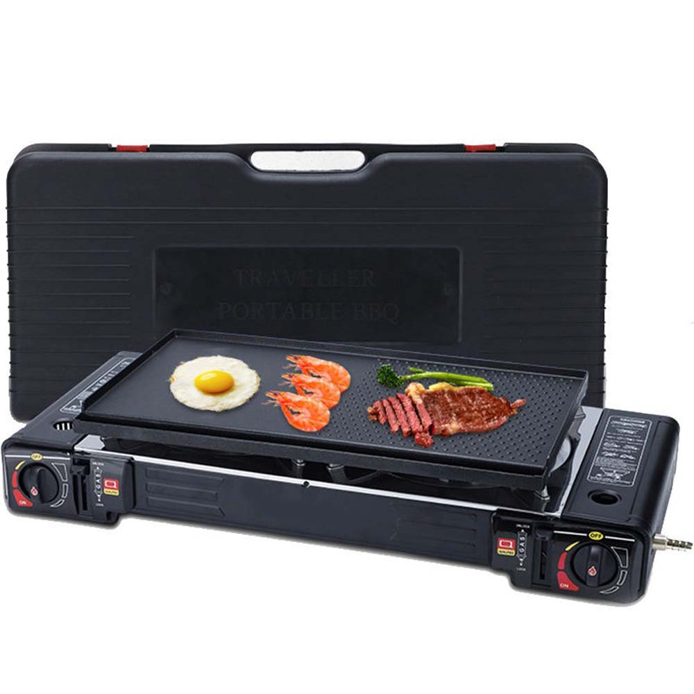 Portable Double Burner Card Stove. Windproof butane camp stove with 3-second ignition for fast outdoor cooking. Compact design. Image