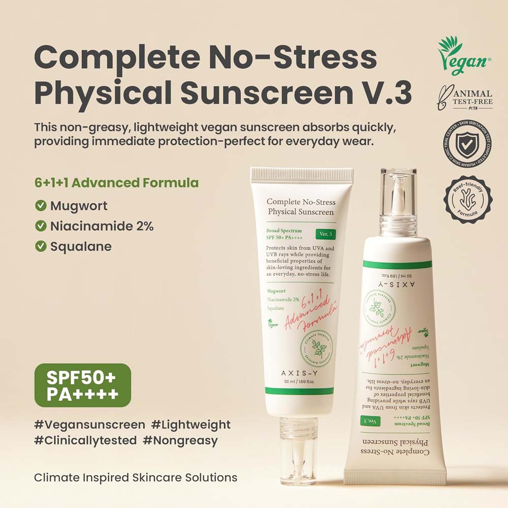 AXIS-Y No-Stress Physical Sunscreen V3. SPF 50 mineral sunblock with Niacinamide for sensitive, acne-prone skin. Vegan Korean skincare. Image