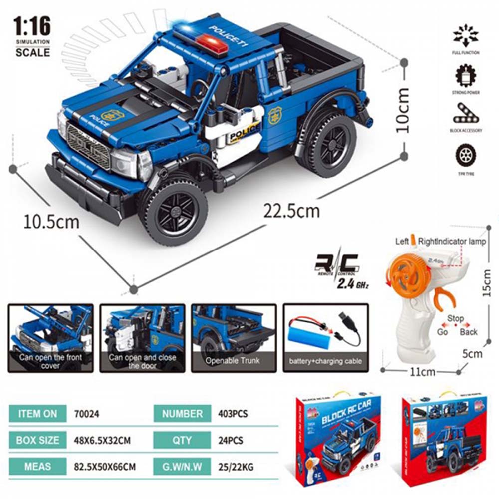 Block RC Police Ford Raptor. 1:16 scale remote-controlled technic racing car for building & high-speed action. Off-road model. Image