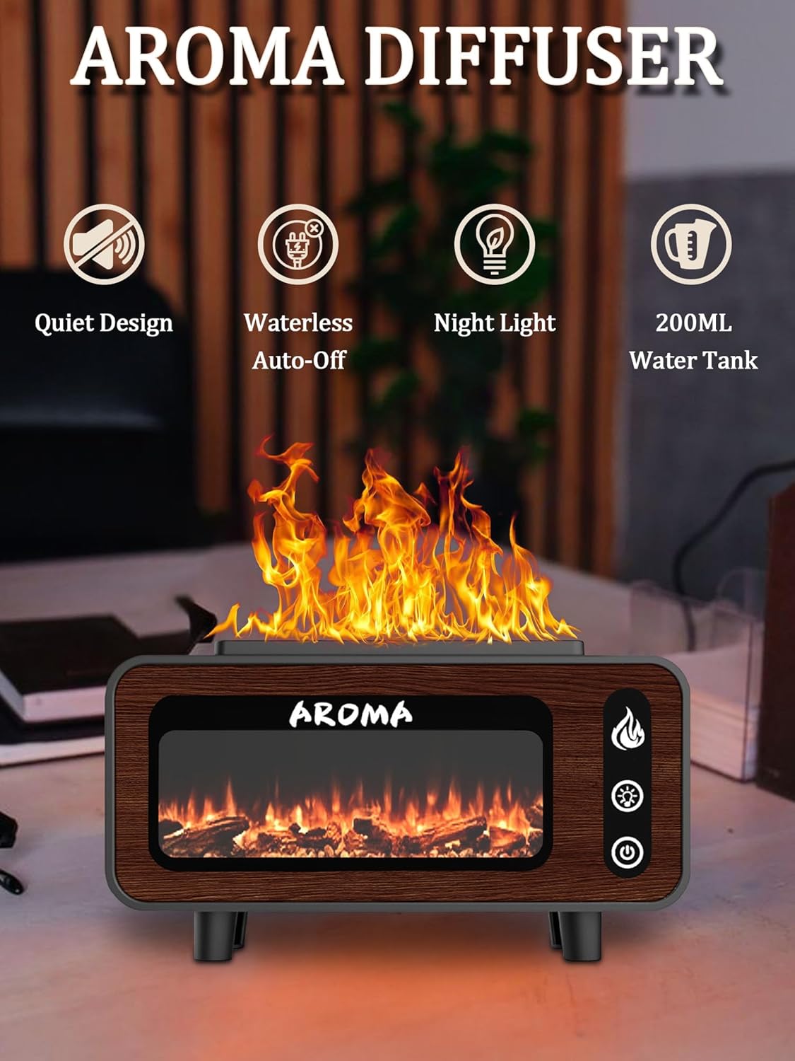 Wood Grain Fireplace Diffuser | 7-Color Flame Humidifier | Silent Auto Shut-Off Aroma Diffuser | Simulated Fire Light for Living Room, Bedroom Image
