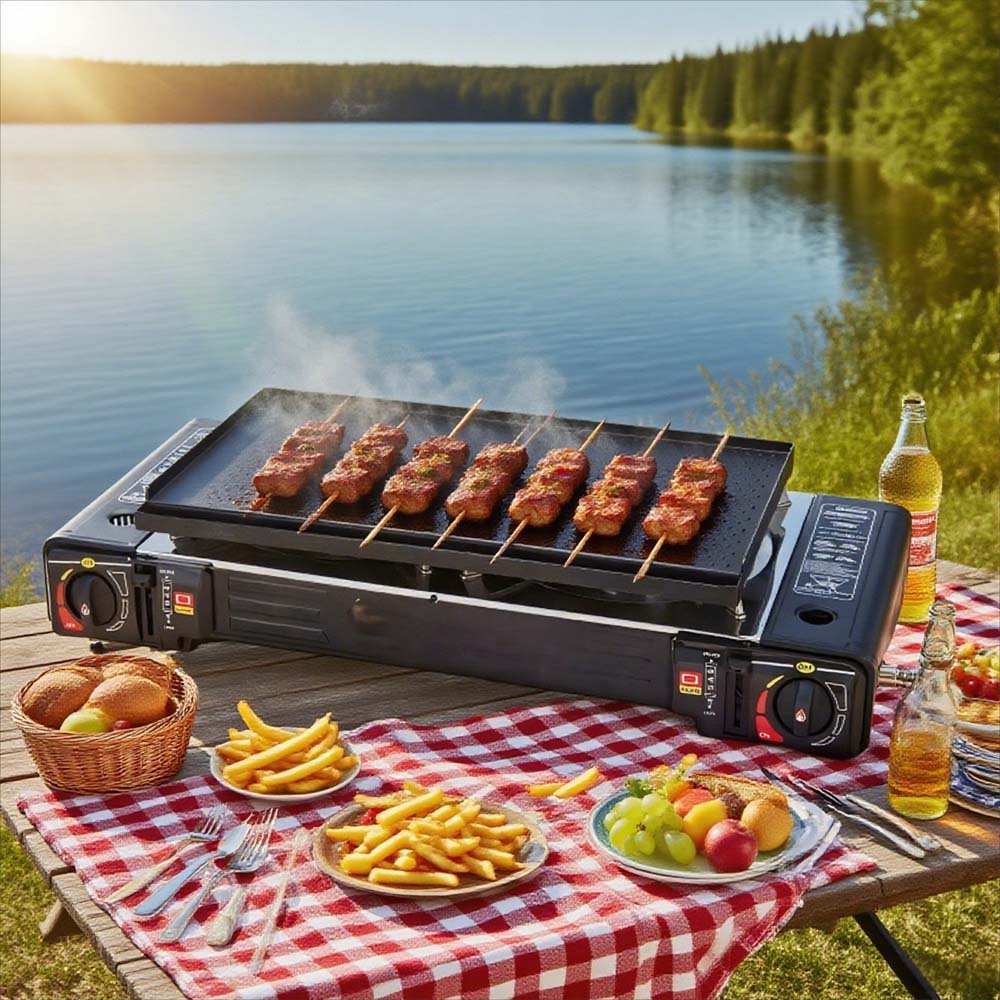 Portable Double Burner Card Stove. Windproof butane camp stove with 3-second ignition for fast outdoor cooking. Compact design. Image