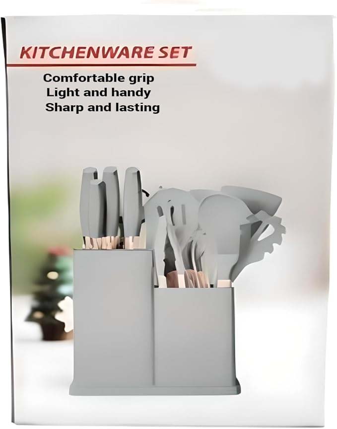 19-Piece Silicone Cooking Utensils & Knife Set with Block | Includes 11 Silicone Utensils, 5 Stainless Steel Knives, Scissors, Cutting Board | Grey Image