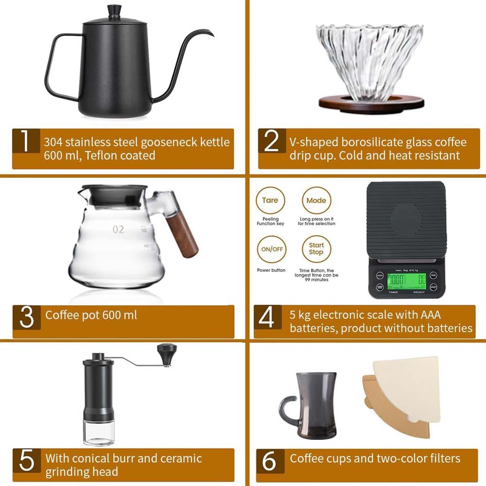 DX-2573 12-PC Pour Over Coffee Kit - Complete Set with Wooden Dripper & Travel Bag, Perfect Gift for Coffee Lovers Image
