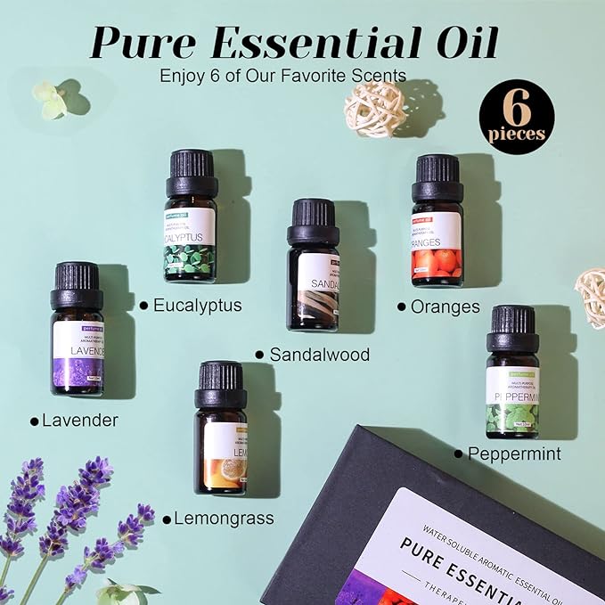 6-Pack Essential Oils Set - 10mL Bottles, Water Soluble Aromatherapy Oils for Diffusers, Humidifiers, and Relaxation - Includes Sandalwood, Sweet Orange, Lavender, Eucalyptus, Lemon, and Mint - Premium Aromatherapy Essential Oil Suit for Wellness & Calming Effects Image