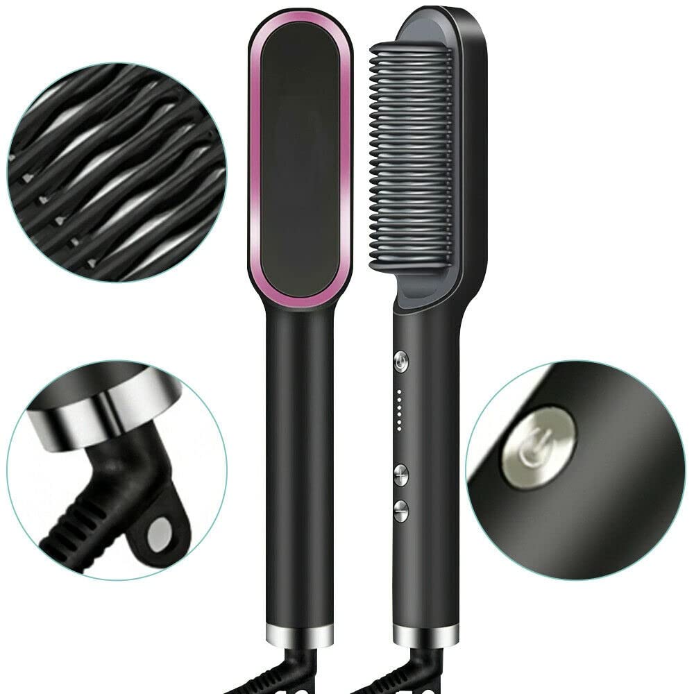 Multifunctional Hair Straightener Brush - Heating Curler, Straightener, and Styler Comb for Hair & Beard | Fast Heating Hair Straightening Iron with Anti-Scald Technology, Adjustable Temperature, and Dual Voltage | 2-in-1 Comb for Smooth Styling and Professional Results for Men and Women Image