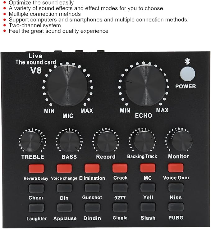 V8 Sound Card for Live Streaming – 2 Channels with Multiple Voice Changer Effects and 1200mAh Battery for Smartphones and Computers Image