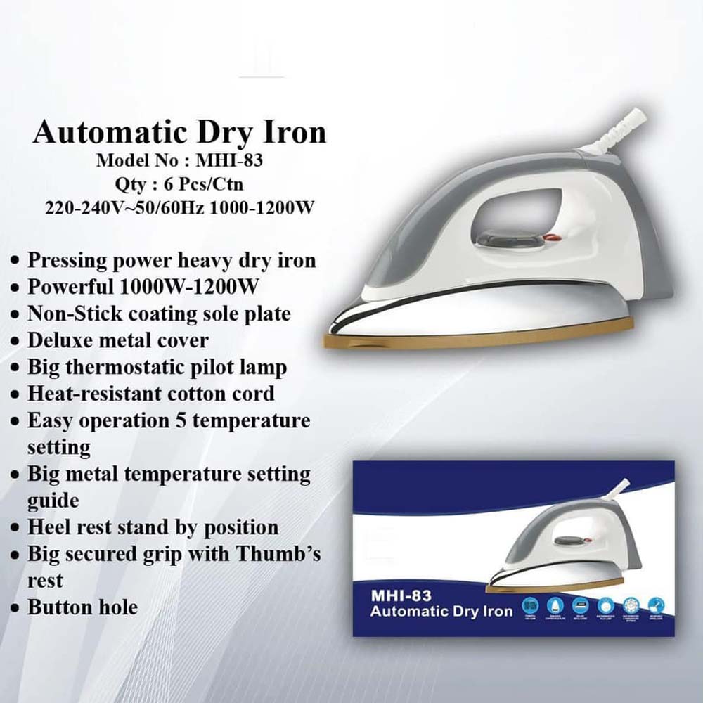 MHI-83 Automatic Dry Iron - 1800W with Ceramic Soleplate, Auto Shut-Off & Vertical Steam Image