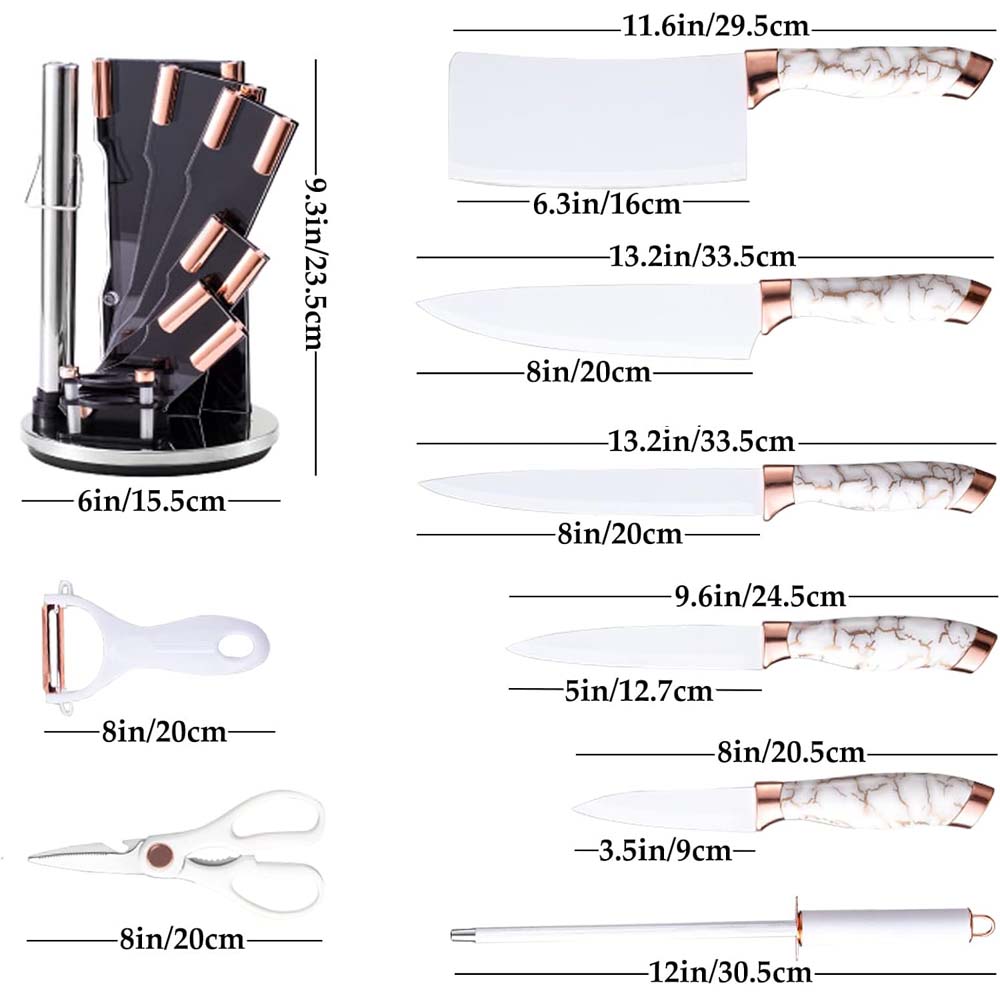 9-Piece White Kitchen Knife Set Ultra-sharp non-stick blades with cracked handle design & acrylic stand. Perfect gift set. Image
