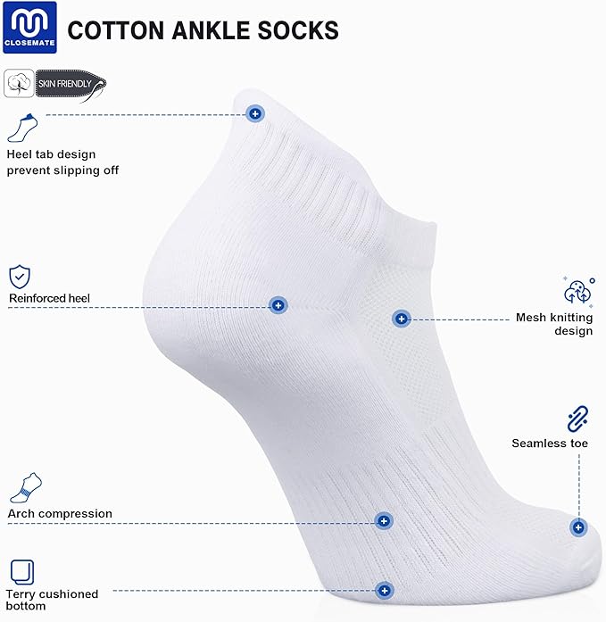 8 Pairs Men's Breathable Cotton Ankle Socks - Lightweight & Comfortable for Spring/Summer/Fall ( White) Image