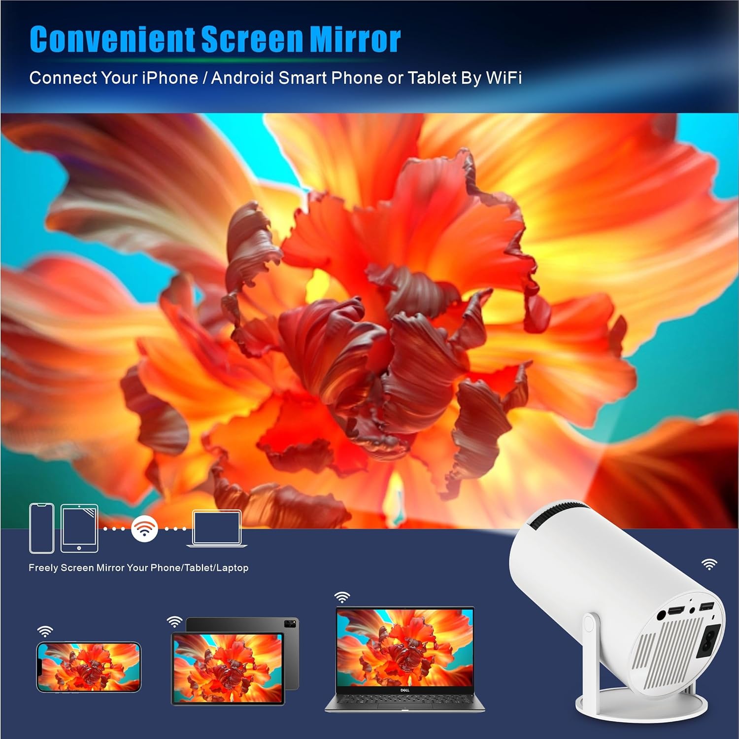 130 Inch Portable Family Projector | Android 11 Smart Camping Projector | 720P HD Display Image