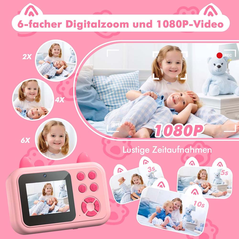 Kids Instant Camera - 1080P Digital Camera for Ages 3-12 with Printing Paper (No Card Included) Pink Image