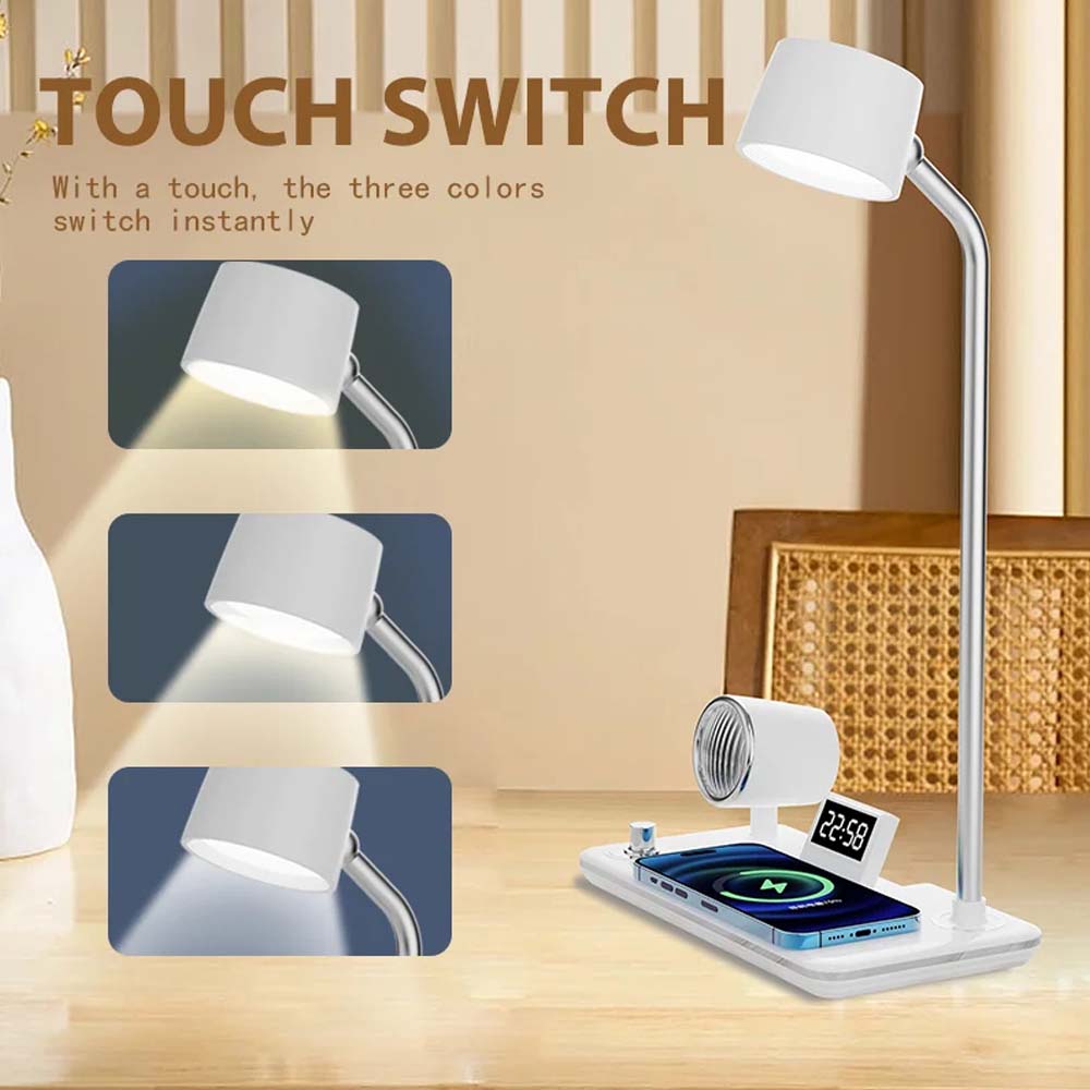 LED Desk Lamp with Wireless Charger, Bluetooth Speaker, Clock & Night Light - Modern Multifunctional Touch Control Design Image