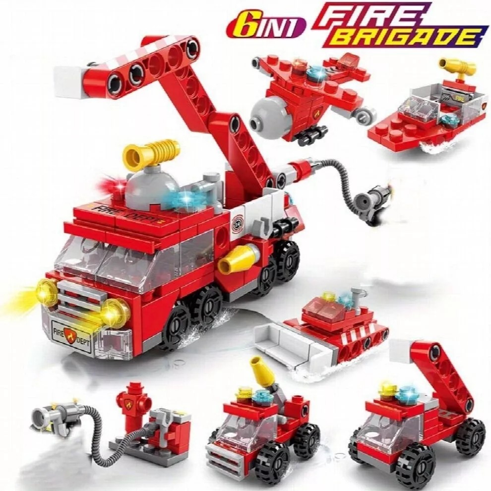 6-in-1 Fire Brigade Truck Building Blocks Set – 142-Piece Creative Play Toy for Kids, Durable DIY Assemble Fire Trucks & Emergency Scenes, Perfect Gift Image