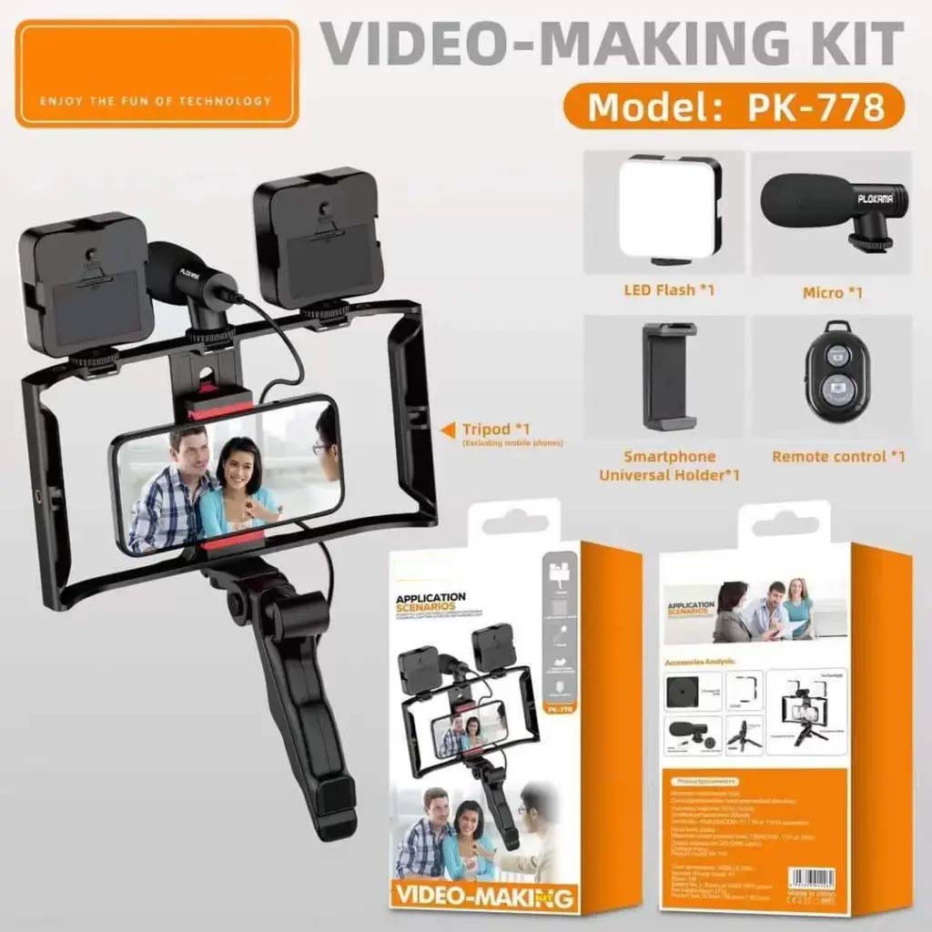 PK-778 5-in-1 Video Making Kit - Tripod, LED Light, Mic, Phone Holder & Remote for Content Creation Image