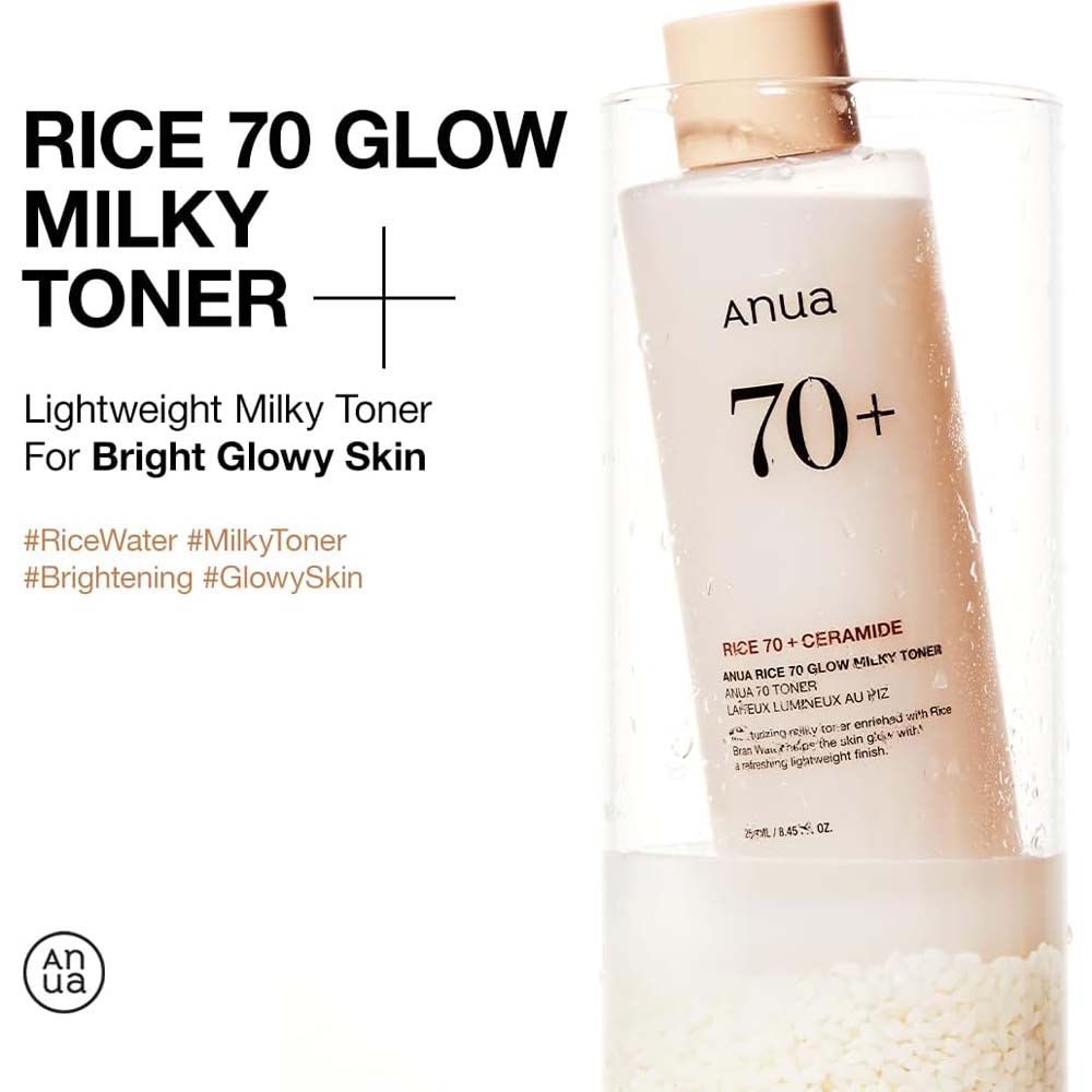 ANUA Rice 70 Glow Milky Toner. Nourishing rice water toner for glass skin. With Niacinamide & Ceramides. 250ml. Image