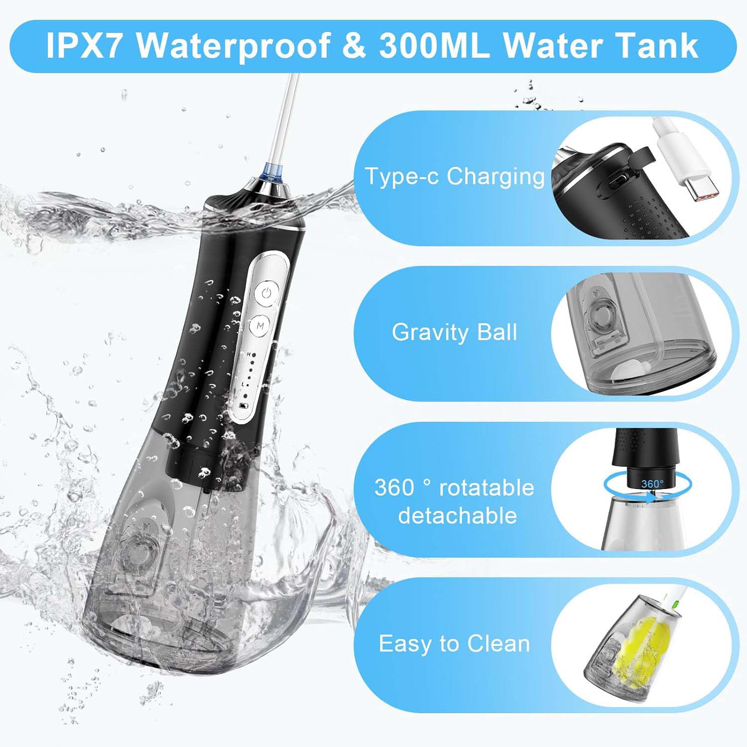 Cordless Water Dental Flosser - 5 Cleaning Modes, IPX7 Waterproof, Portable Oral Irrigator for Home & Travel (Black) Image