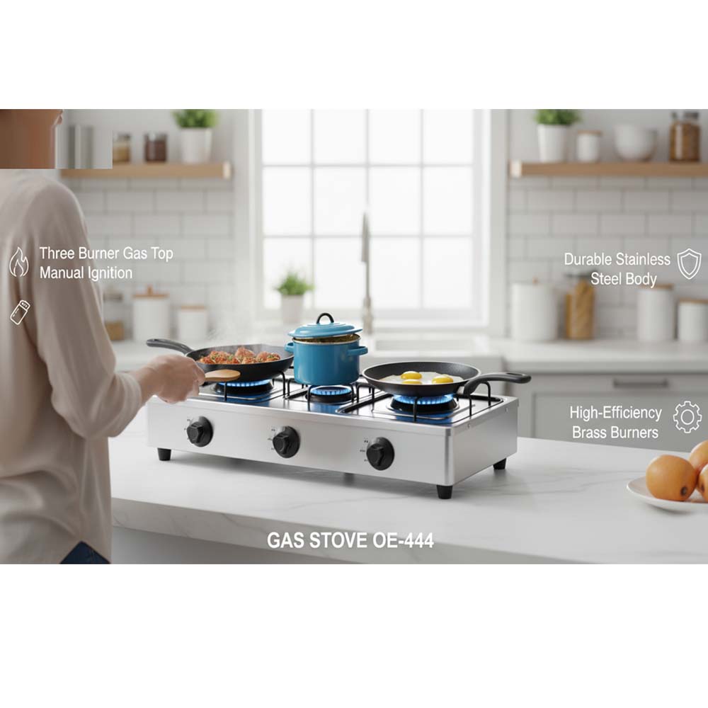 OE-444 3-Burner Gas Stove. Stainless steel enamel body with auto ignition for efficient, powerful triple-burner cooking. Image